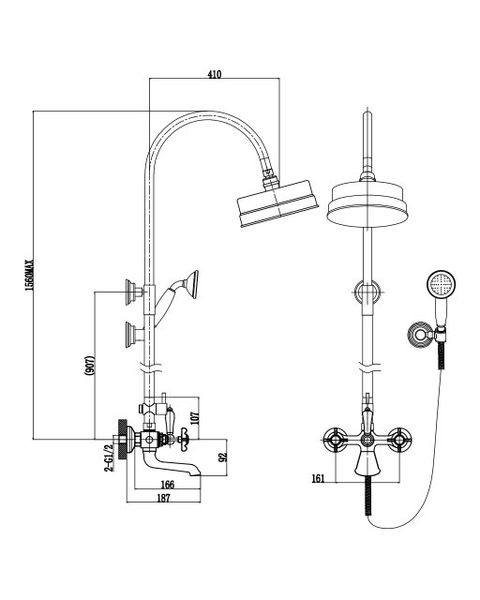 Душова система Cuthna antiqua (двовентильний змішувач для ванни, верхній та ручний душ), хром zmishuvach-224 фото